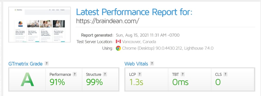 GTmetrix with WP Rocket 2021 - Brain Dean